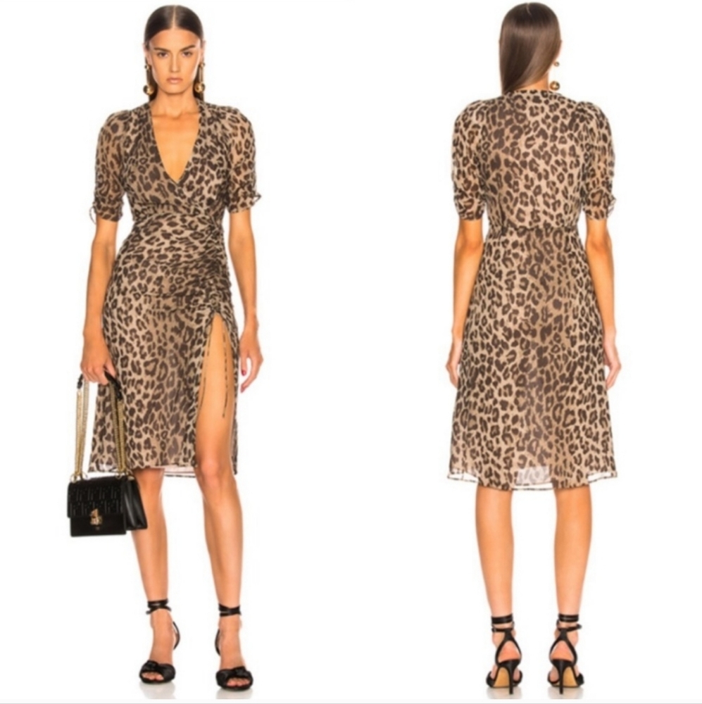 Nicholas Tea Midi Dress Leopard Print With Slit Xs - image 1